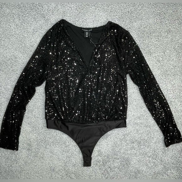 Sincerely Jules Bodysuit Womens Small Sequins Long Sleeve V-Neck Sexy Party Date - Picture 1 of 4